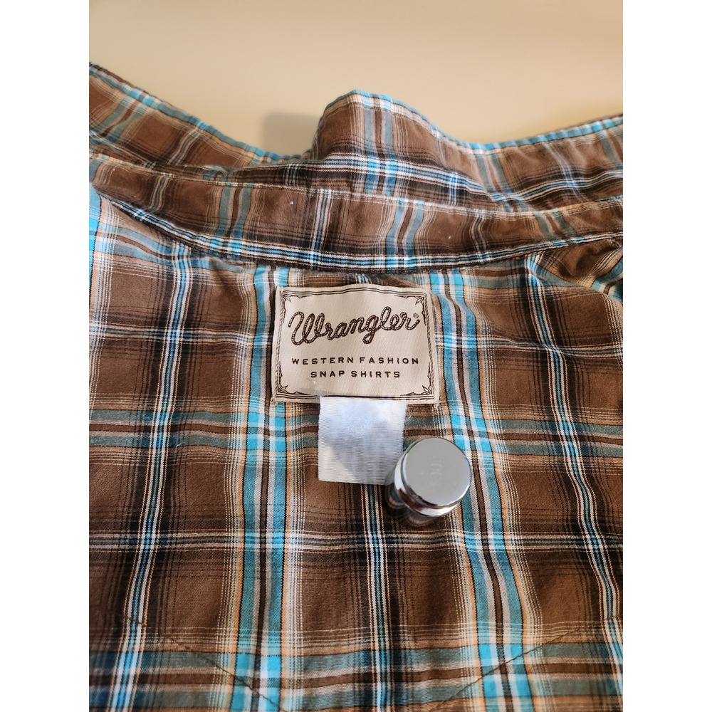 Wrangler Western Snap Mens XL Brown Turquoise Plaid Short Sleeve Pearl Snap - Picture 4 of 6